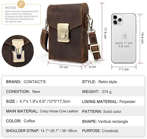 Miniatura 3 de Hiram Genuine Leather Small Crossbody Bag for Men, Men's Crazy Horse Leather Phone Pouch, Small Messenger Bag for Men