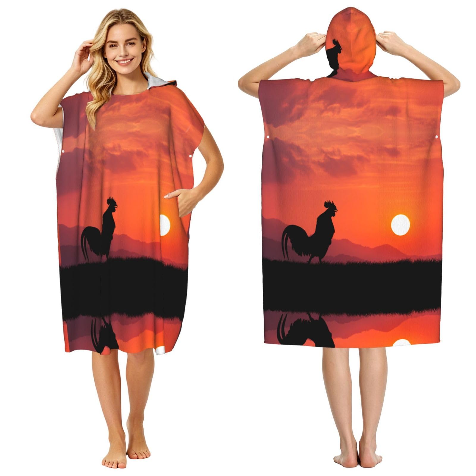 Peignoir à capuche imprimé poulets pour la plage et piscine