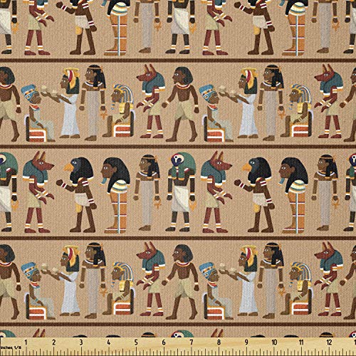 Image of Ambesonne Egyptian Print Fabric by The Yard, Egyptology Mythological Cartoon Characters Archeology History Illustration, Stretch Knit Fabric for Clothing Sewing and Arts Crafts, 1 Yard, Peach Beige