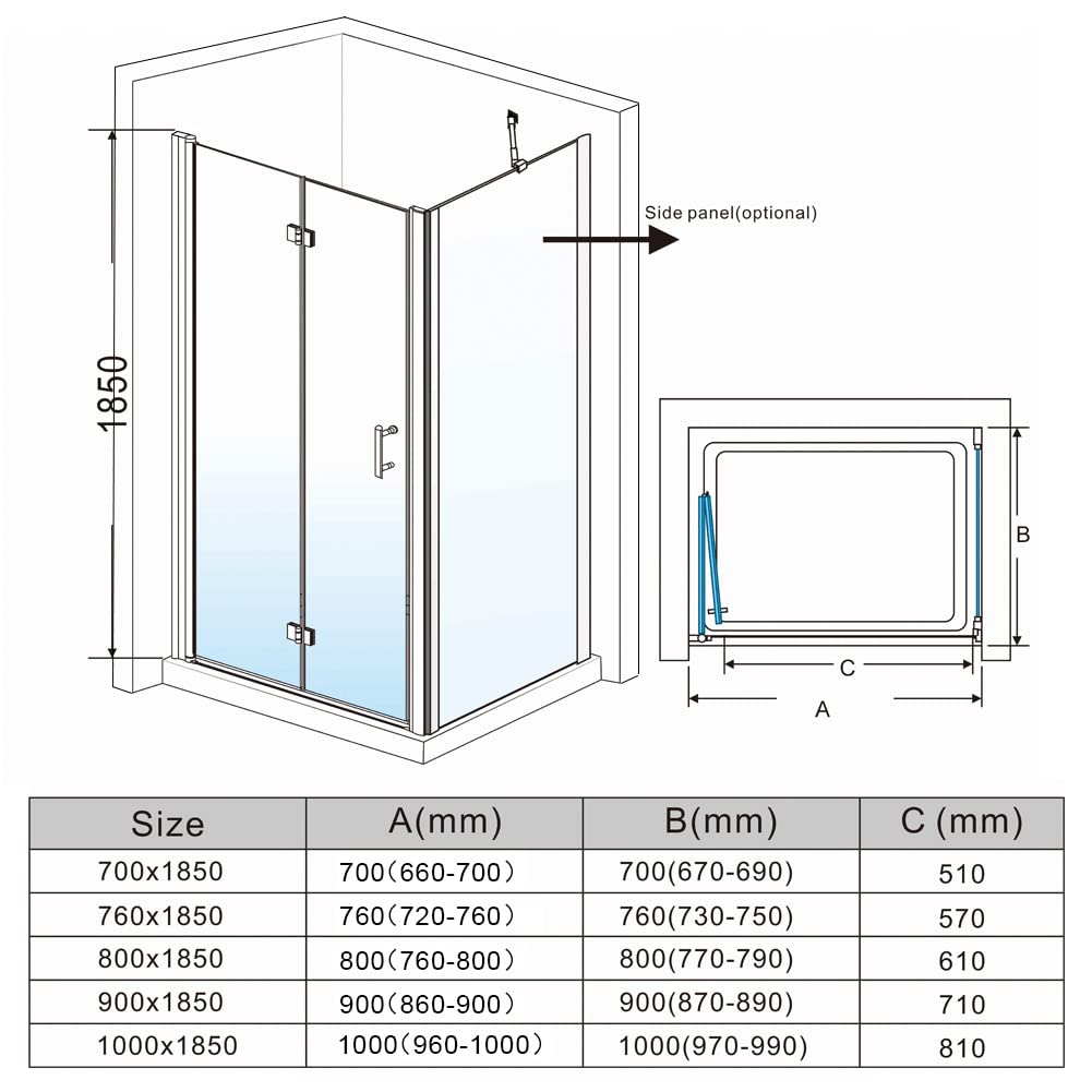 ELEGANT 700mm Bifold Shower Door Frameless Shower Enclosure Reversible