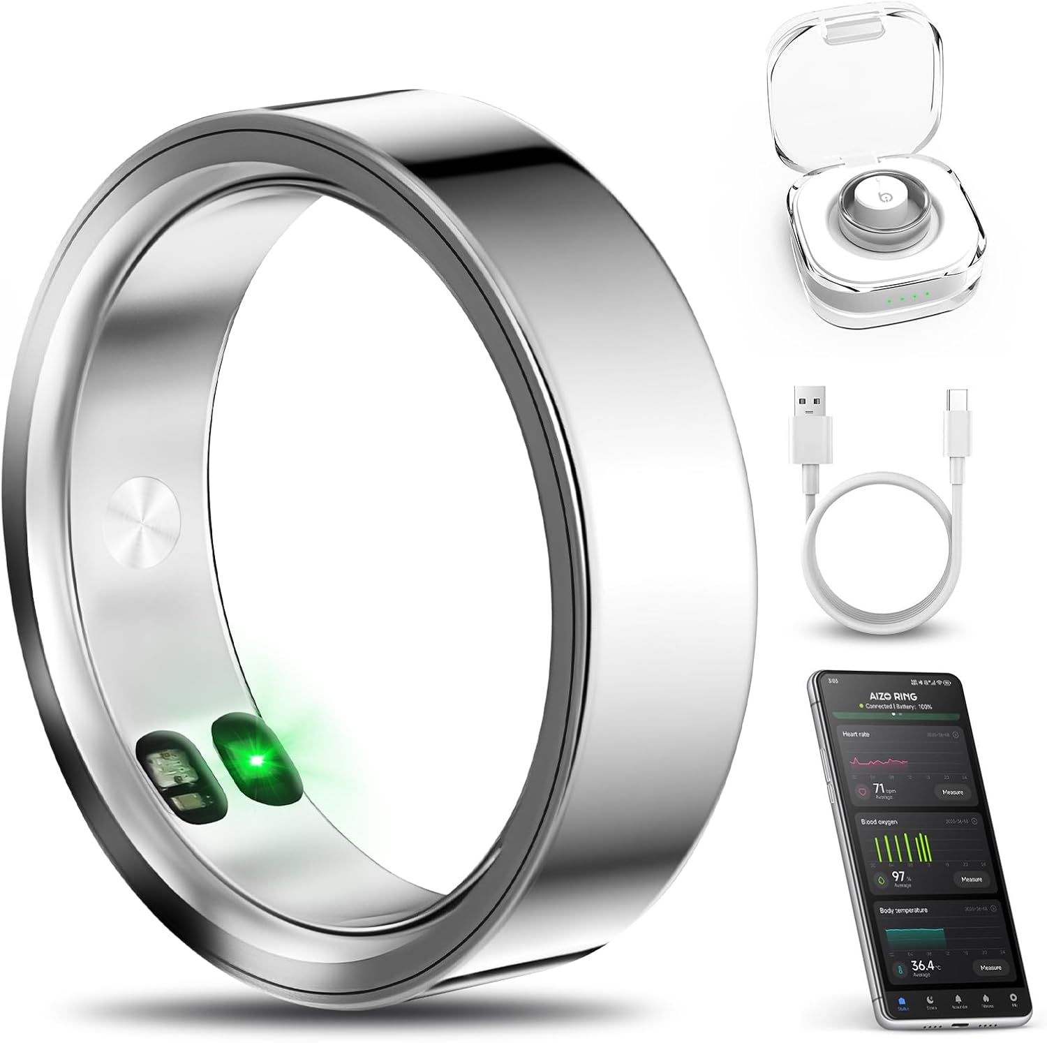Smart Ring with Call/Clock/Events Alerts, No APP Subscription, Body Temp/Heart Rate/Women’s Health Tracker, 5ATM Waterproof Fitness Ring for Android & iOS