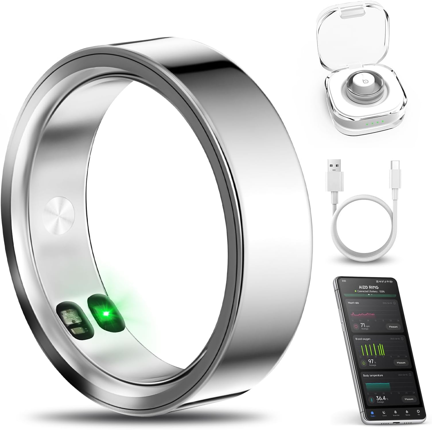 Smart Ring with Call/Clock/Events Alerts, No APP Subscription, Body Temp/Heart Rate/Women's Health Tracker, 5ATM Waterproof Fitness Ring for Android & iOS (Silver,11#)