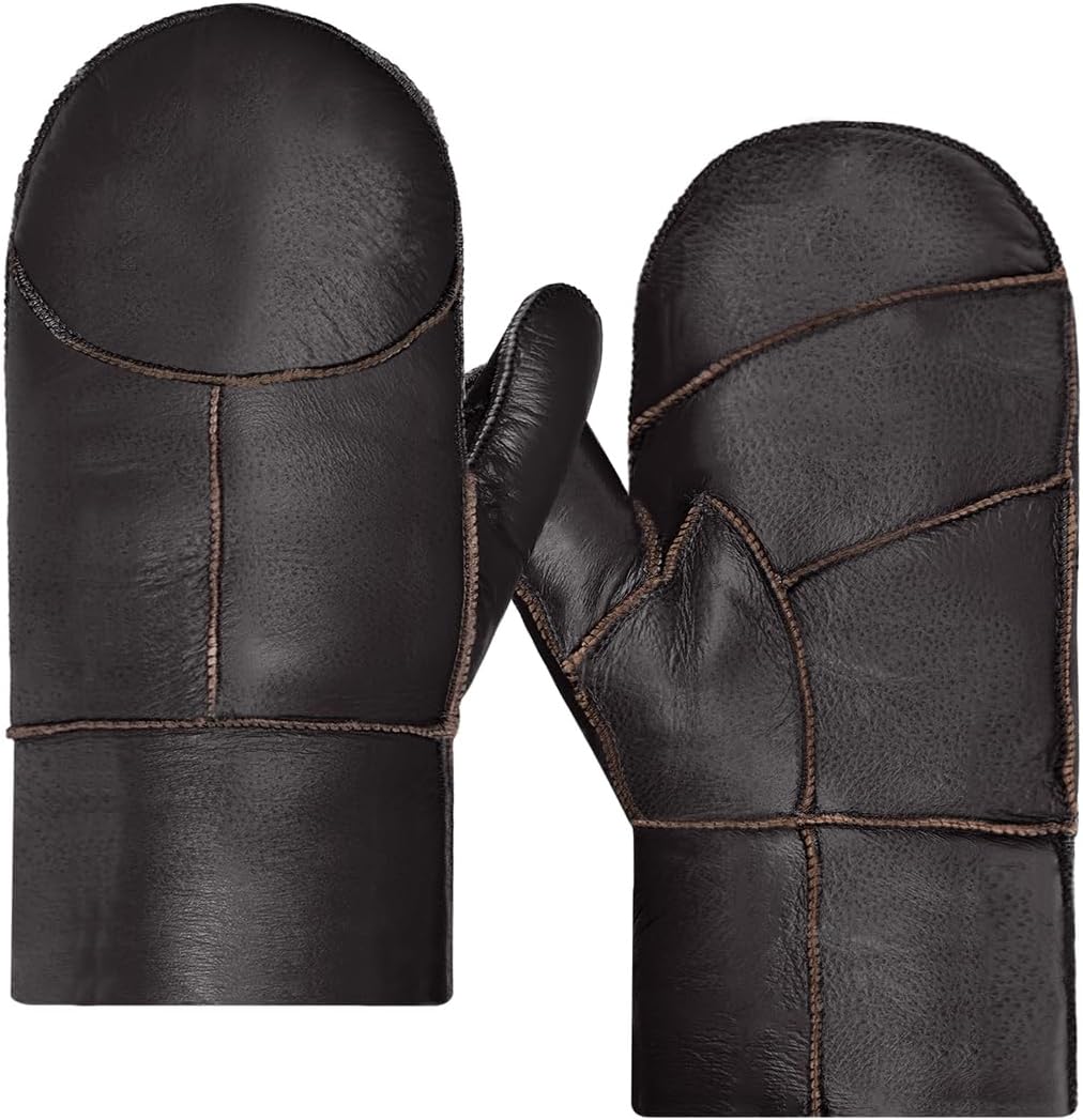 Harssidanzar Men Mittens,Winter Warm Genuine Leather Sheepskin Shearling Fur Lined Mittens Gloves KM055US