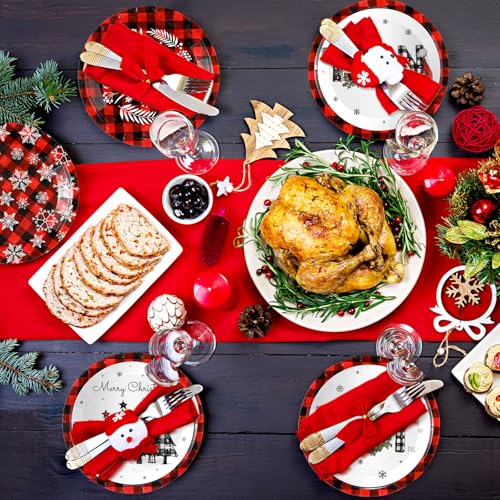 Image of Fourluoo 96 Pcs Christmas Paper Plates Disposable 7 Inch Black and Red Buffalo Plaid Dinner Plates for Xmas Birthday Party Table Decoration Supplies