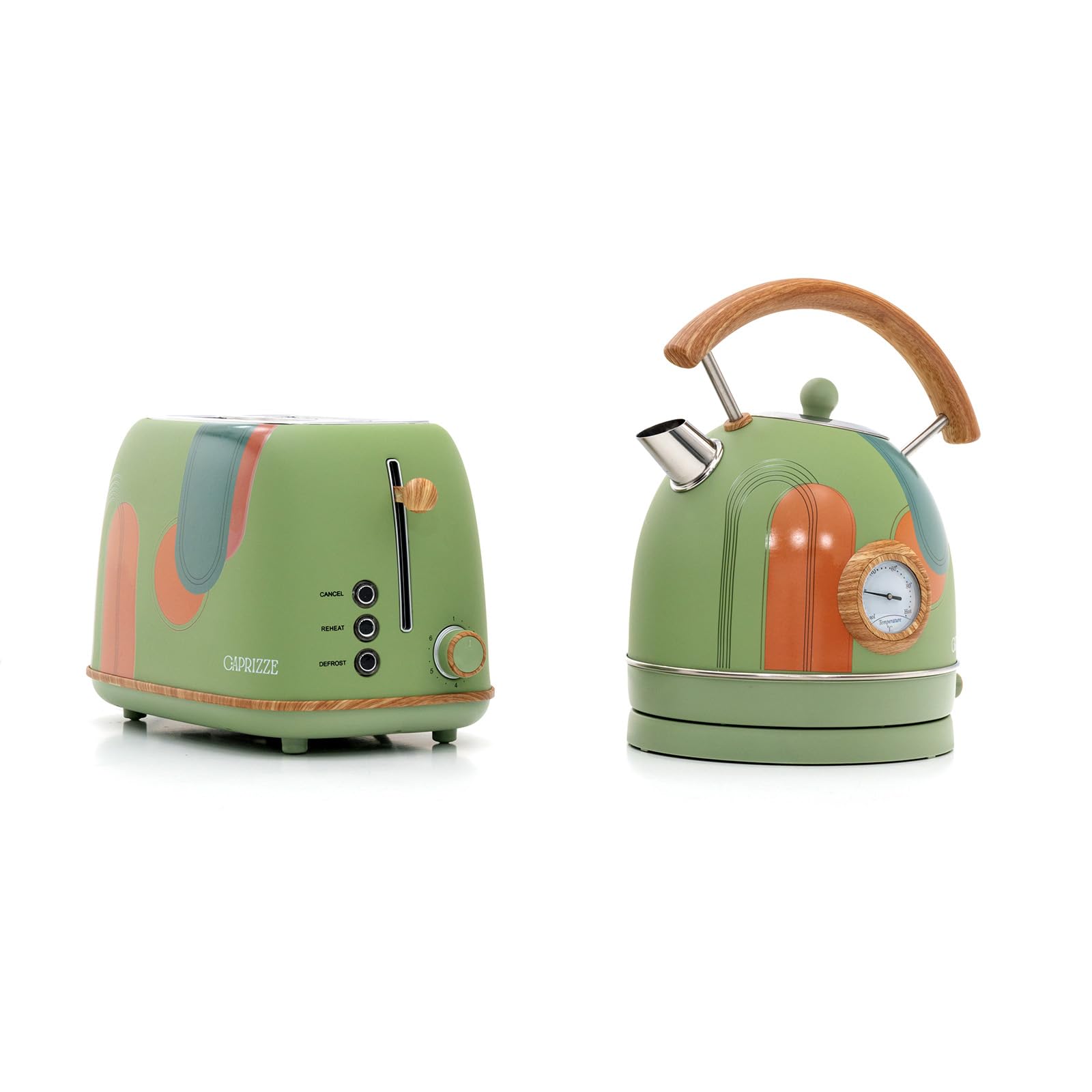 Pack Tostadora de Pan Caprizze Kaito con Doble Ranura Extra Ancha y Hervidora Nara Color Verde Mate Floral Diseño Retro Vintage