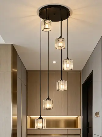Long Chandeliers for High Ceilings, Modern Crystal Pendant Light, Raindrop Drop Lamp, Hanging Flush Mount Lighting Fixtures for Spiral Staircase, Foyer, Entryway, Living Room, Black (6 Lights)