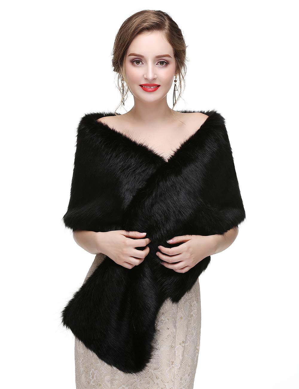 Anglacesmade Bridal Faux Fur Wrap Wedding Fur Stole with Brooch Evening Party Warm Shrug Cape
