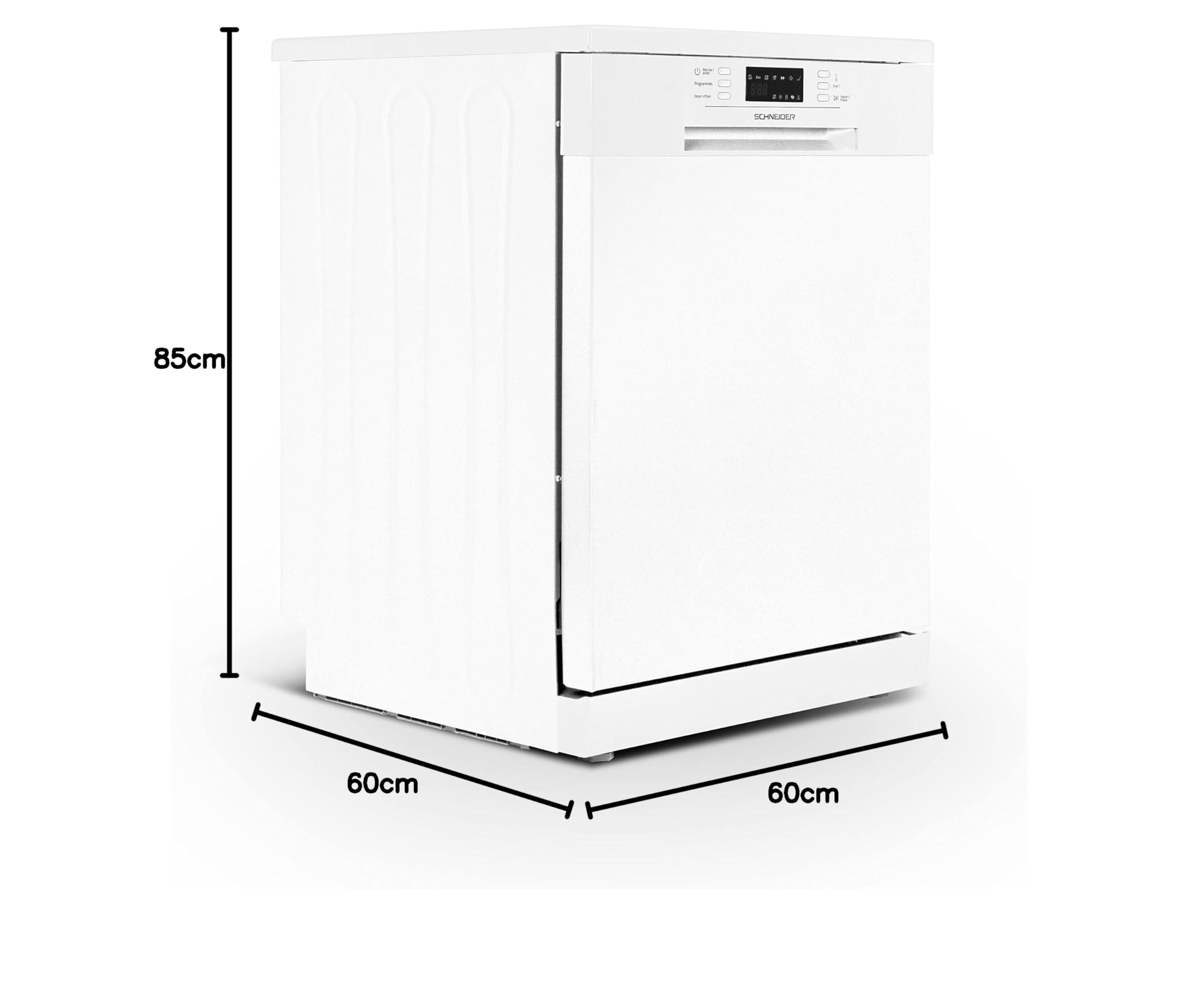 SCHNEIDER SCDW1542IDW, Lave vaisselle, Pose libre, 15 couverts, Tiroir à couverts, Départ différé, 6 programmes, Pieds réglables, Moteur inverter, 42Db, Blanc