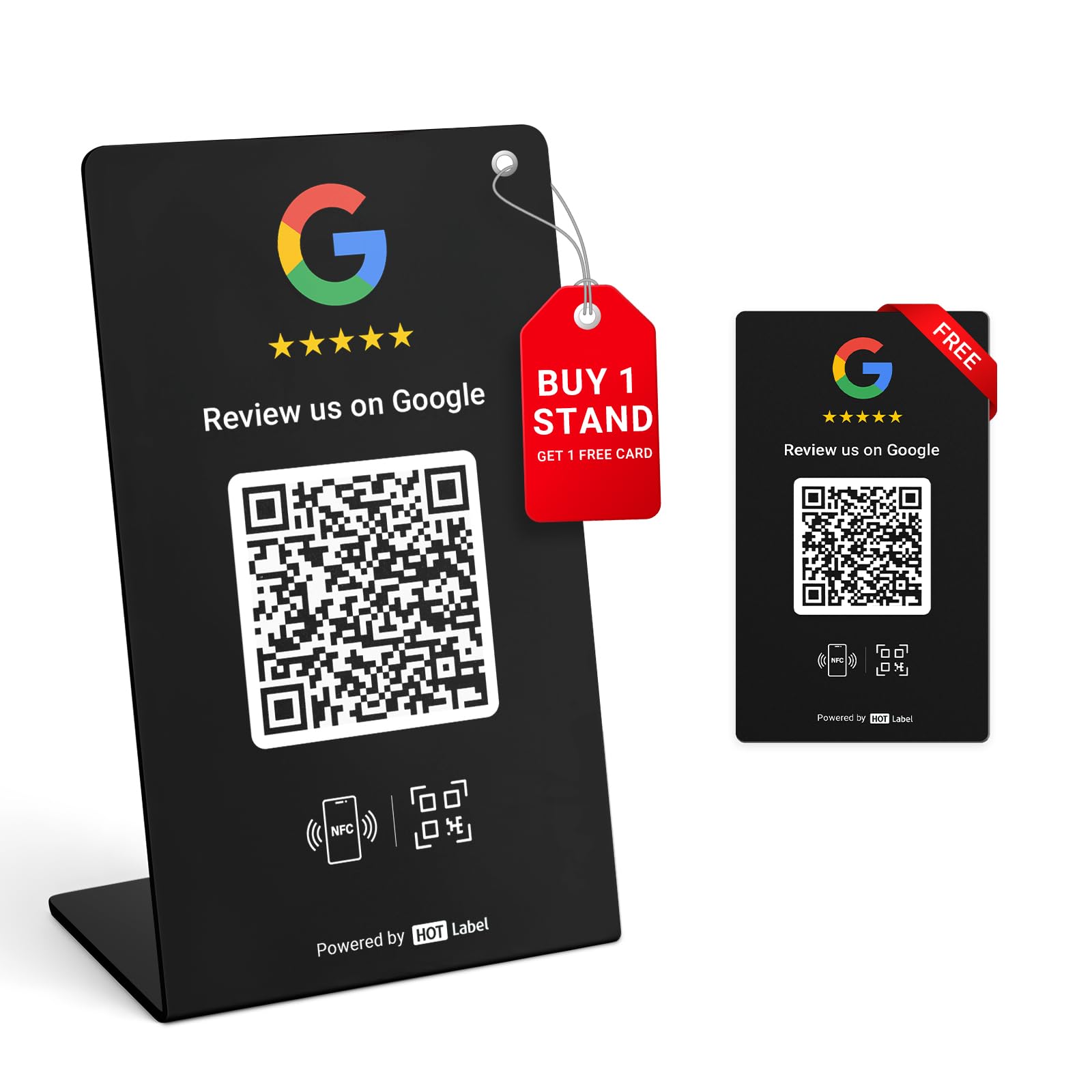 HotLabel Google Review Stand 1 pack + carte Google Review Tap en bonus – Noir – NFC Tap & QR Code – Prend en charge 2 différents magasins ou Same – Pas d'application/souscription