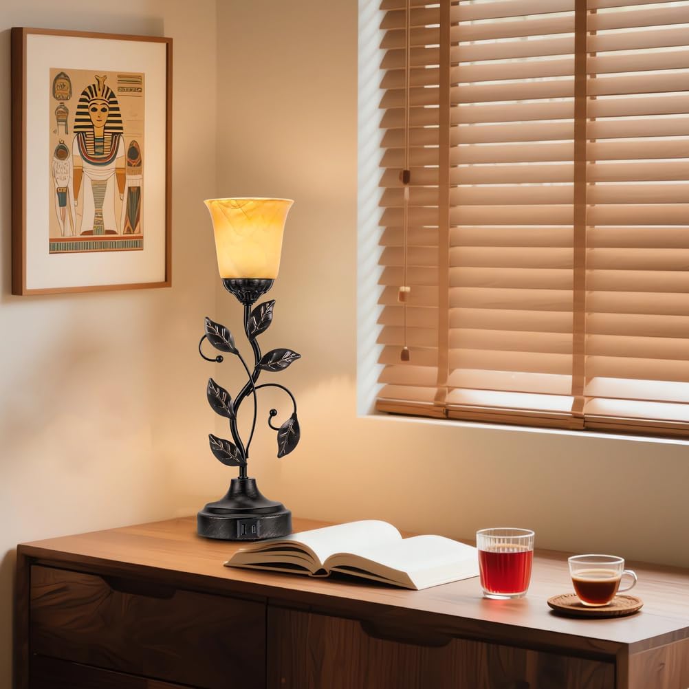 Vintage Bedside Touch Control Table Lamp 3 Way Dimmable, Amber Glass LED Reading Nightstand Light with 2 USB Charging Ports, Farmhouse Bronze Finish Leaf Desk Lamp for Living Room Bedroom