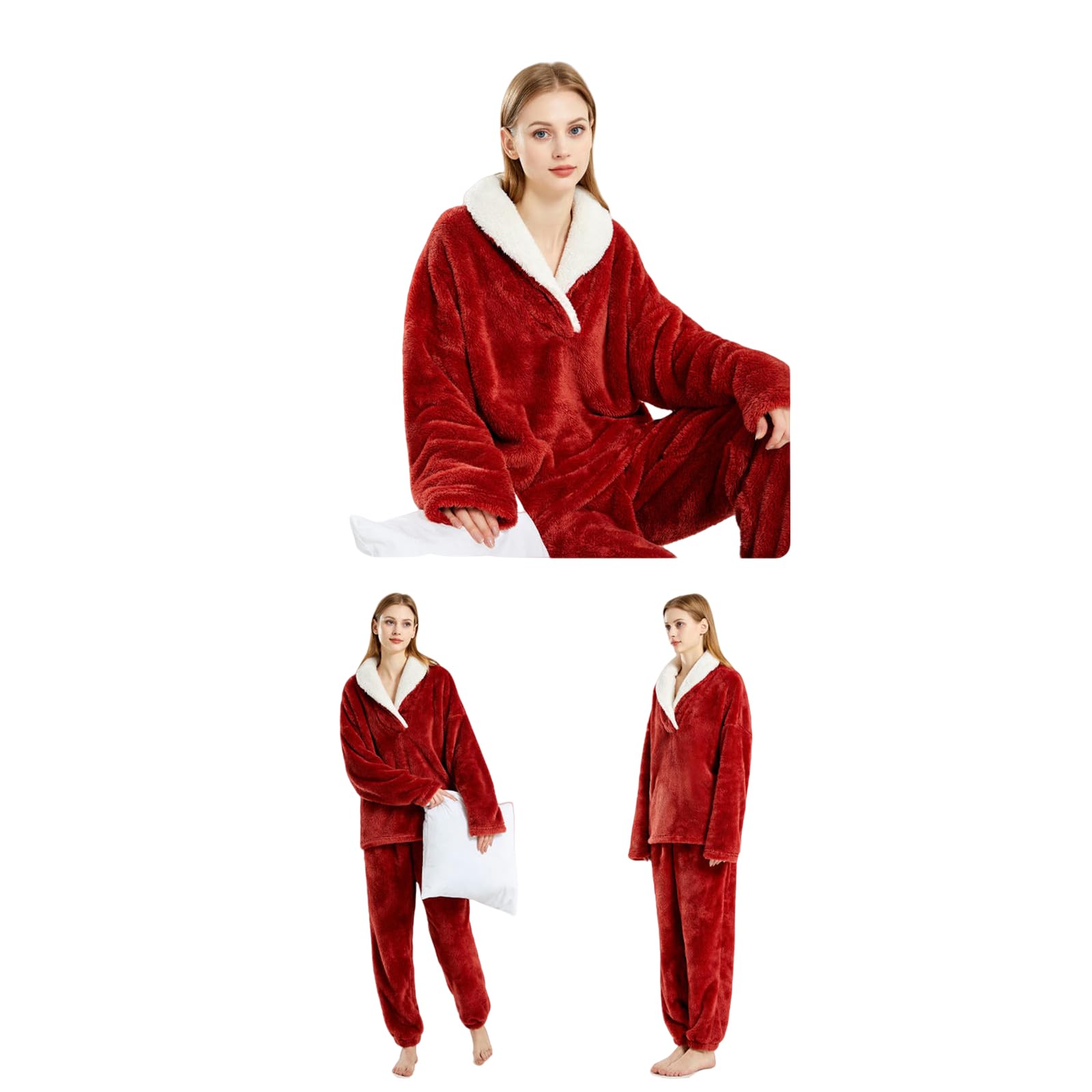 Pijamas De Mujer Pijamas De Mujer Nuevos De Invierno Y Navidad, Gruesos, Cómodos, De Algodón, Ropa De Estar por Casa, Conjunto De Pijamas Térmicos para Mujer-rojo-2xl