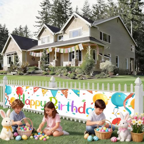Image of Colorful Balloon Birthday Outdoor Banner 78.7 x 17.7 Inch Rainbow Lettering with Balloons and Confetti Party Decoration for Yard Garden Fence Porch Patio or Outdoor Celebration Display