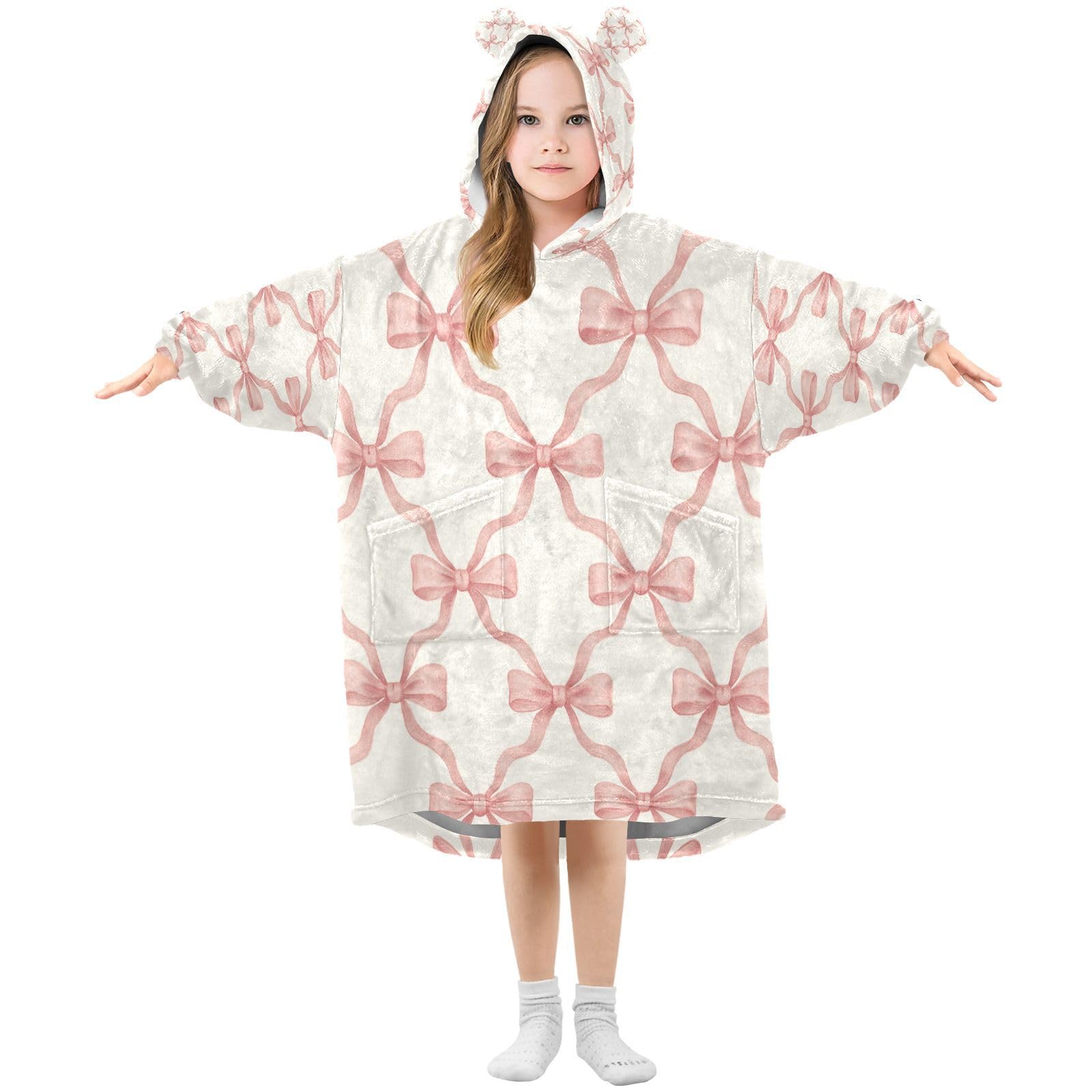 Cgiub Bows Wearable Blanket Hoodie for Kids Warm Cozy Oversized Hooded Sweatshirt Blanket with Pocket