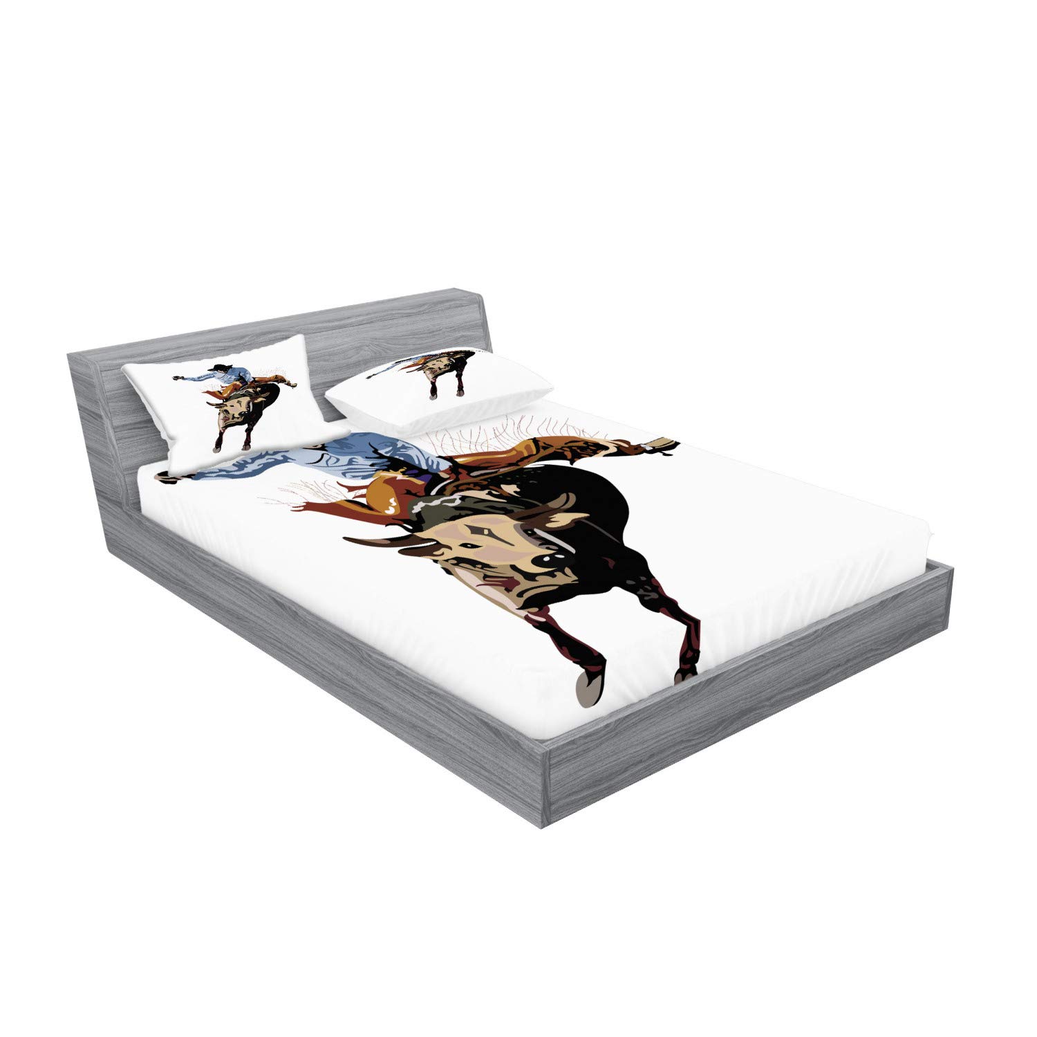 Ambesonne Rodeo Fitted Sheet & Pillow Sham Set, Yea Haw Cowboy Bucking Bull Western Sports American Graphic, Decorative Printed 3 Piece Bedding Decor Set, King, Rust Beige