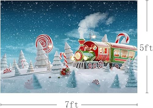 Miniatura 9 de MEHOFOND Fondo de fotografía de Navidad de invierno de 10 x 7 pies, fondo de tren nevado, árbol de pino de invierno, decoraciones de caramelo rojo