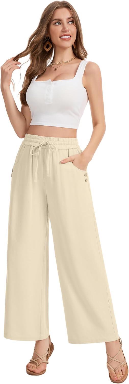 Womens Linen Wide Leg Pants Casual Drawstring Summer Long Trousers Palazzo Harem Pants with Pockets - Image 5