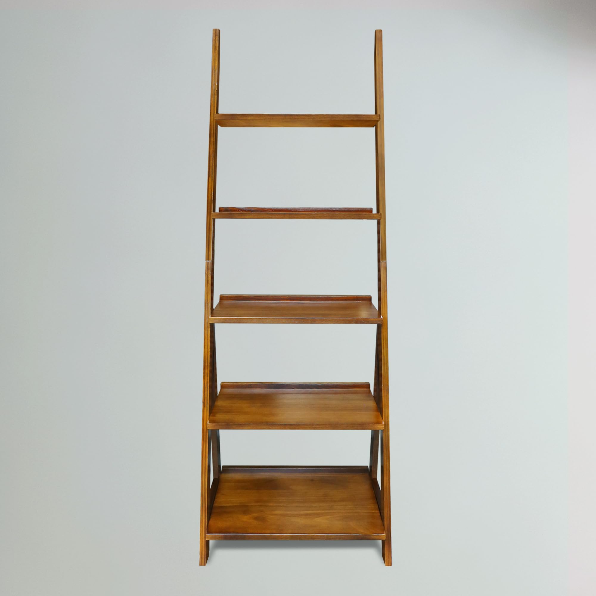 Amber Solid Wood 5-Shelf Freestanding A-Frame Ladder Bookcase, Warm Brown