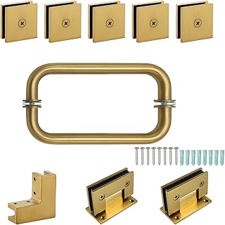 Shower Door Hardware Kit Frameless Swing Hinged Corner Shower Enclosure Accessories Parts for 5/16” 3/8” to 1/2" Thick Glass Panle with Hinges 8 inch Handles Glass Clamp - Brushed Gold