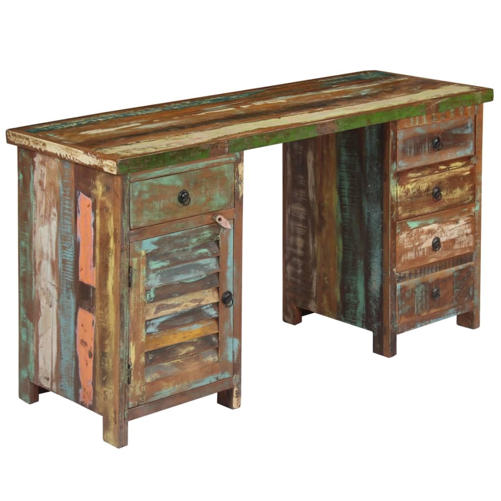 Recycelter Altholz Schreibtisch massiv 140x50x77 cm mit 5 Schubladen und 1 Schrankfach, abnehmbare Schreibtischplatte, Bürotisch für Homeoffice, Ordnung