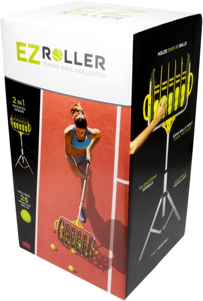 EZ Roller Tennis Ball Collector & 25 Tennis Balls - Rolling Pick Up Hopper Stick & Stand with 50pc Capacity - Bulk Racket Sports Equipment & Sporting Gear for Training, Practice, & Outdoor Activities : Sports & Outdoors