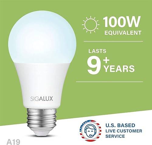 Miniatura 2 de Sigalux Bombillas LED equivalentes a 100 W, bombillas estándar de luz diurna A19 de 5000 K, color blanco, no regulables de 13 W, con base media E26,