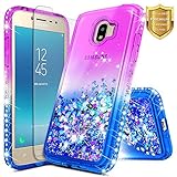 Galaxy J2 Pro Case w/[Tempered Glass Screen Protector] NageBee Glitter Liquid Quicksand Waterfall Flowing Sparkle Diamond Cute Case for Galaxy J2 Pro (2018) / Grand Prime Pro (2018) -Purple/Blue