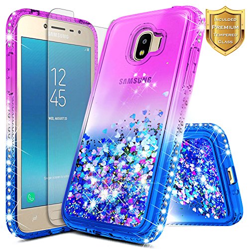Galaxy J2 Pro Case w/[Tempered Glass Screen Protector] NageBee Glitter Liquid Quicksand Waterfall Flowing Sparkle Diamond Cute Case for Galaxy J2 Pro (2018) / Grand Prime Pro (2018) -Purple/Blue