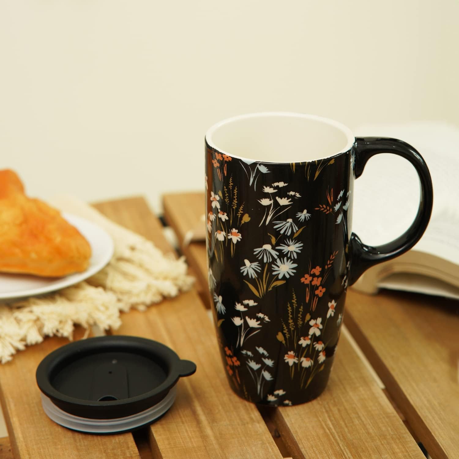 DUSVALLY Ceramic Mug Travel Coffee Cup with Lid for Dorm, Room and Office, Porcelain Latte Tall Tea Cup with Handle for Latte, Cappuccino and Cocoa, 17 oz, Multicolor Flower - Image 6