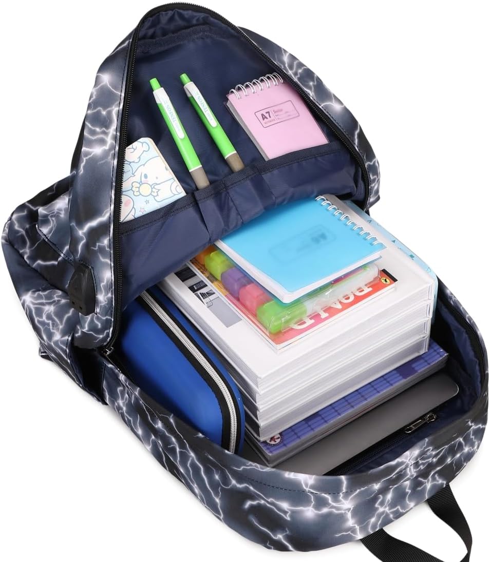 Boy Backpack Elementary School Bookbag Middle Lightweight Lightning Laptop Teenager Durable Waterproof 17 In (2-Black)
