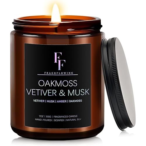 Oakmoss, Vetiver & Musk Scented Candles,Candles for Home Scented Aromatherapy Candles,Soy Wax Candle Gift for Women Men Amber Jar Candle, 7oz