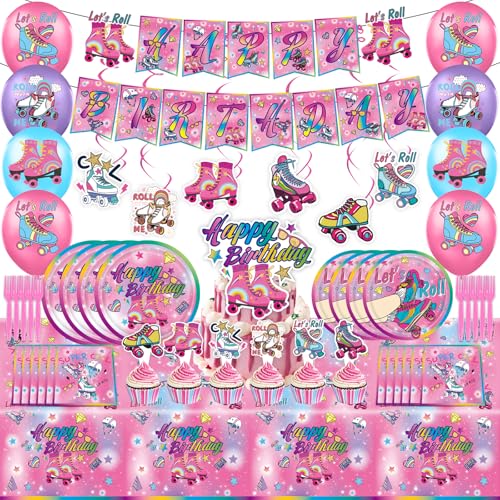 Roller Skating Party Supplies, Roll Themed Party Decorations & Tableware Set,Include Banner,Hanging Swirl,Balloons,Plates,Napkins,and More,for Roller Skater Let's Roll Birthday Party Decorations