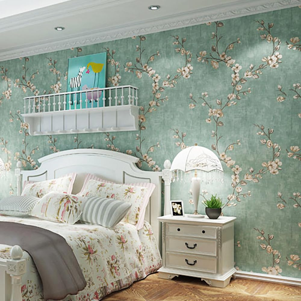 HimYKEA American Countryside Rustic Non-Woven Wallpaper Small Flowers Tree Pattern Retro Style Bedroom Living Room Background Non-Woven Wallpaper Retro Green 1.73'W x 32.8'L