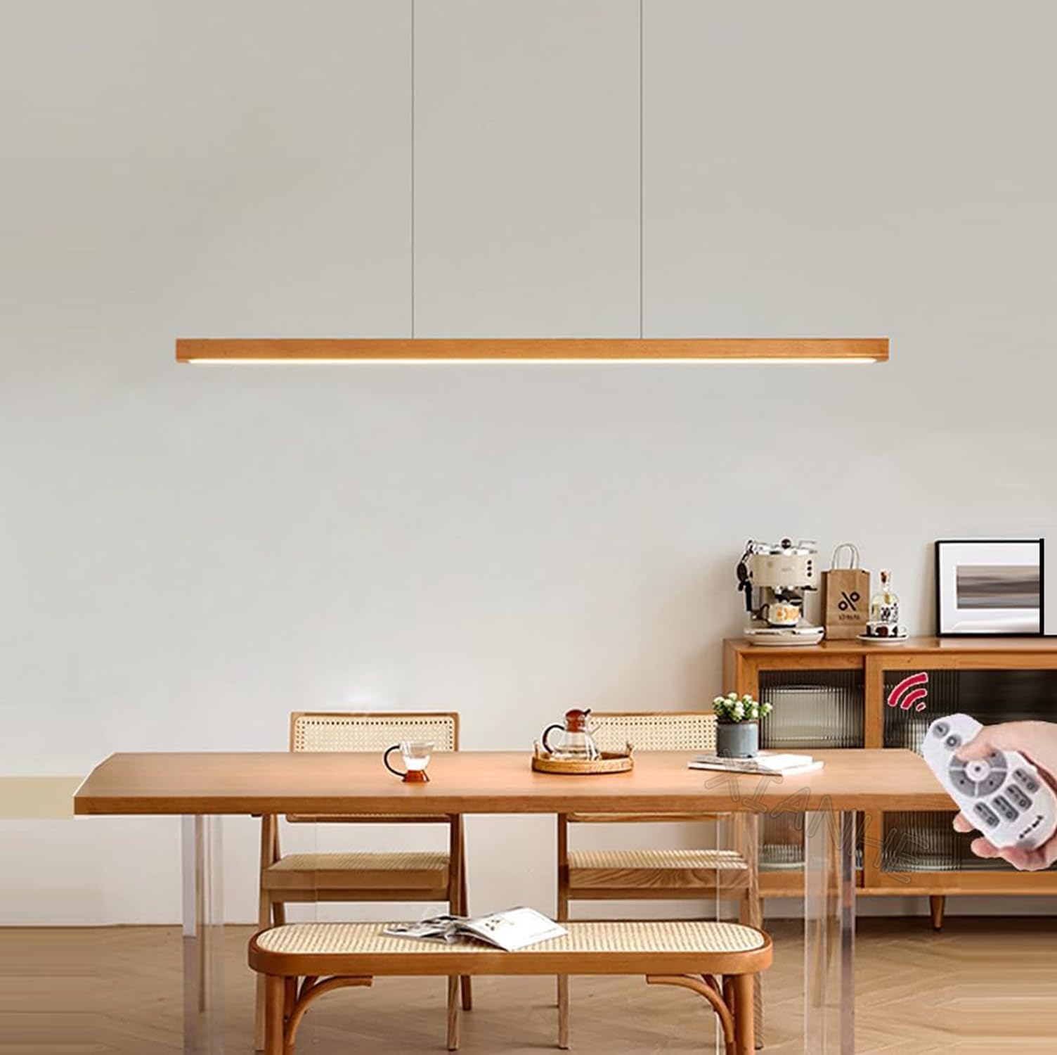 Mesa de Comedor LED Madera Lámpara Colgante Regulable con Control Remoto Luz de techo Cocina Isla Sala de Estar Oficina Lampara Colgantes Moderna Lineales Altura ajustable (Holz, L150cm)