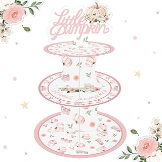Pumpkin Cupcake Stand, 3 Tier Pumpkin Cardboard Cupcake Stand Tower (Pink) | Autumn Fall Birthday Party Family Reunion Halloween Party Supplies Dessert Tower