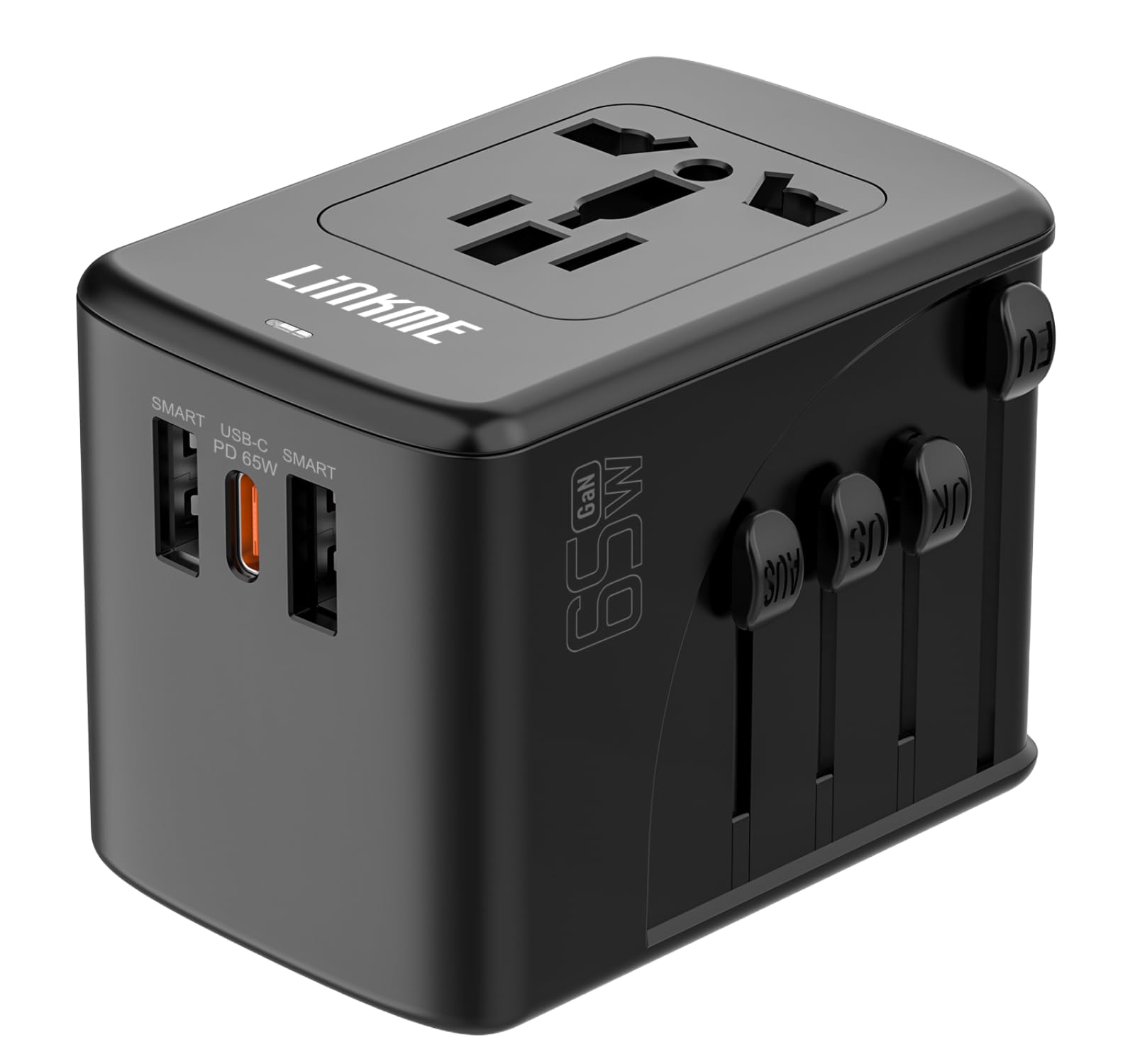 LINKME65W GaN High-Speed Universal Charger Super-Fast 2 USB-A, 1 Type C PD Port Outlet Worldwide Plug, International Travel Adapter for EU, UK, USA, AU, Asia Wall Charger for iPhone, Tablet, Laptop
