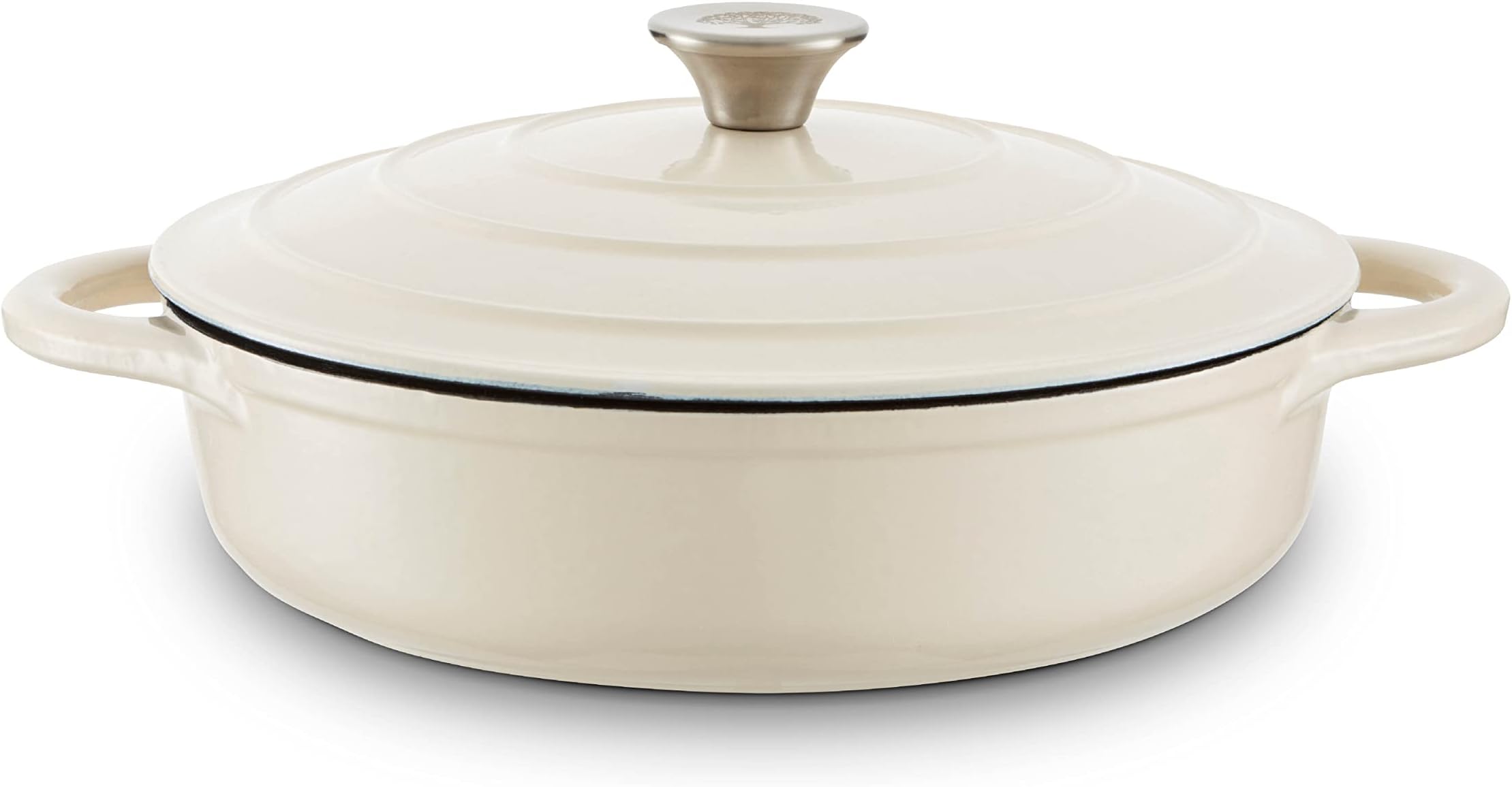 Barbary & Oak BO800253CRM Shallow Cast Iron Casserole Pan with Durable Enamel Interior, 28cm, Camembert Cream