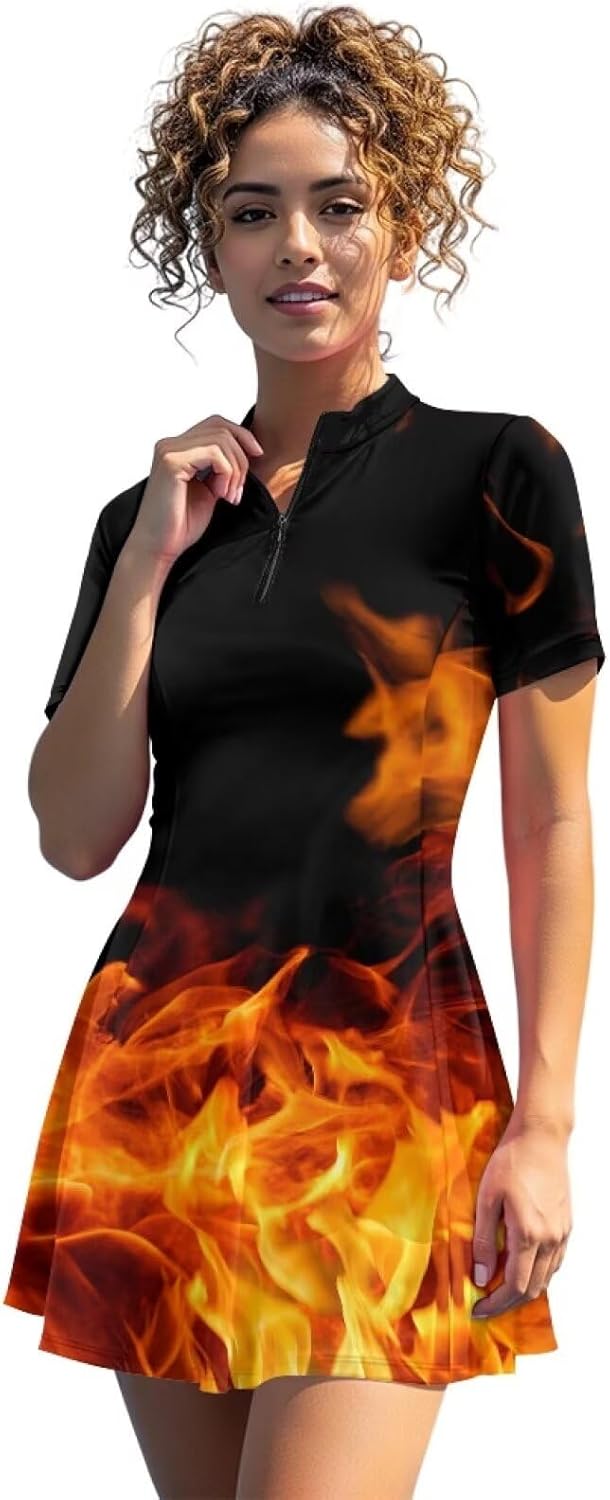 Camo Women Tennis Dress Gothic Skull Bat Plus Size Golf Tennis Dress with Built in Shorts Brown Cow Skin Activewear