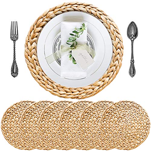 Image of Woven Placemats Set of 6, Table Mats Set of 6, Water Hyacinth Round Placemats for Round Table, Chargers for Dinner Plates, Wicker Chargers for Dinner Plates, Woven Placemat, Place Mats 13.4 in