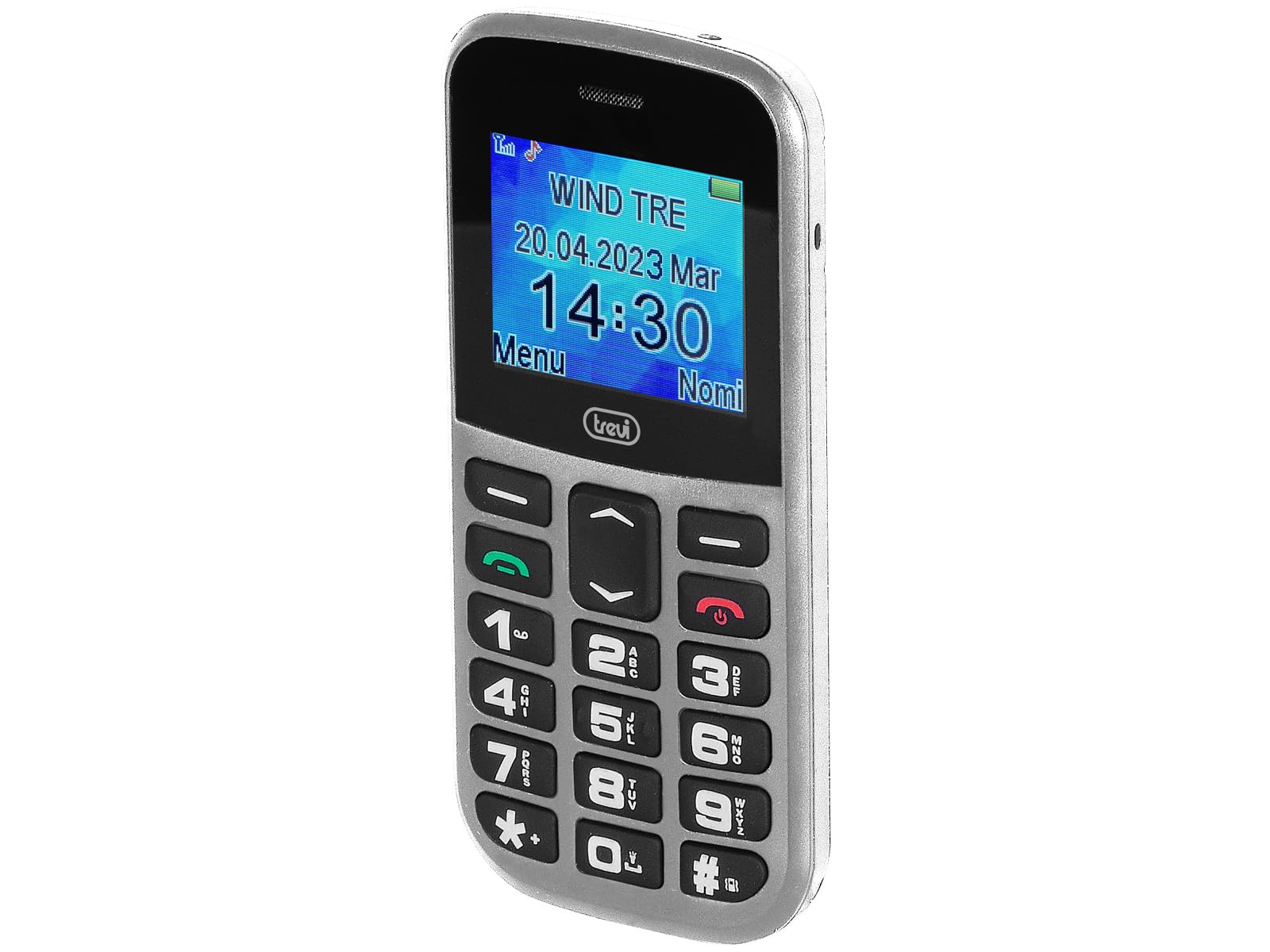 Trevi MAX 20 Telefono Cellulare Essenziale con Grandi Tasti Retroilluminati, Funzione SOS e Ripetizione Vocale, Senior Phone Semplice e Affidabile per Uso Quotidiano, Base di Ricarica, Grigio