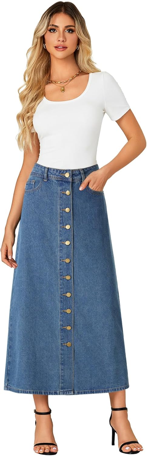 Vrtige Women's Casual Button Down High Waisted A Line Jean Midi Long Denim Skirt with Pockets - Image 6
