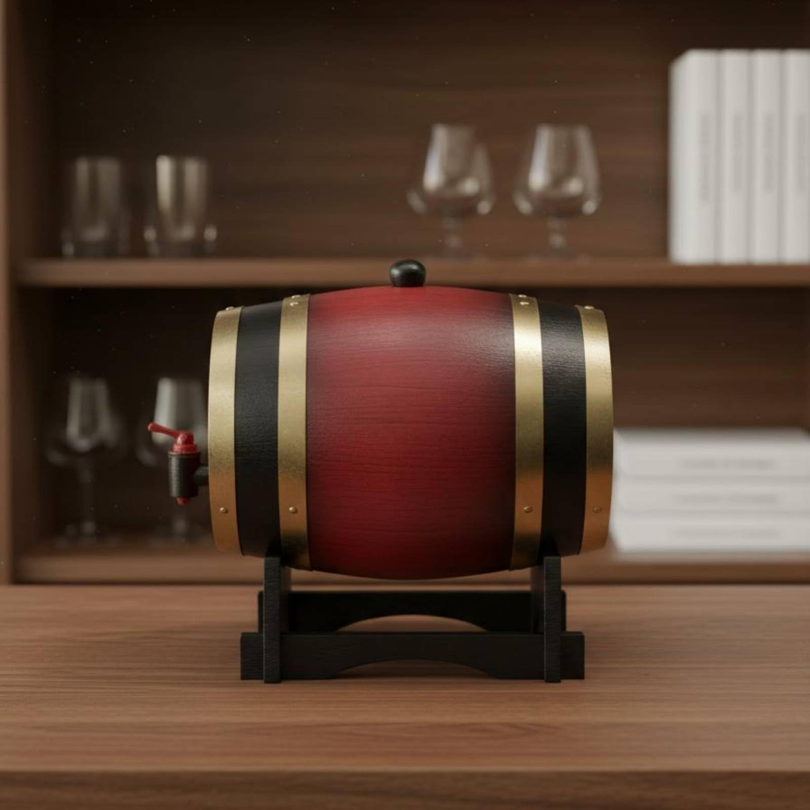 Baoblaze Botte da Vino Botte Botte di Liquore Barile di Legno con Rubinetto in Legno Duro per Conservazione E Servizio Finitura Liscia con Cerchi in Metallo E, Rosso Vino, 5L