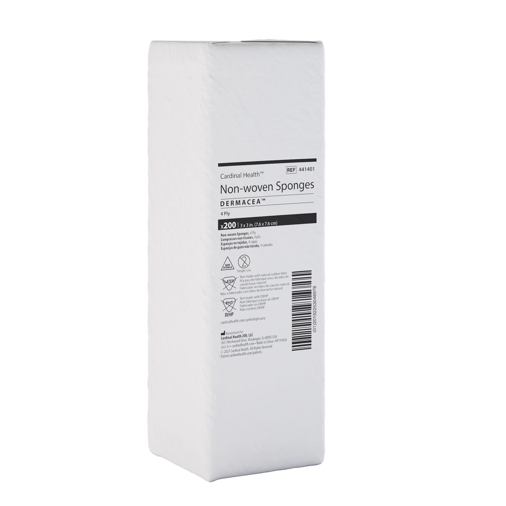 Cardinal Health™ Dermacea™ spugna di garza multiuso in tessuto non tessuto, non sterile, 7,6 x 7,6 cm, 4 strati, 441401, confezione da 4000
