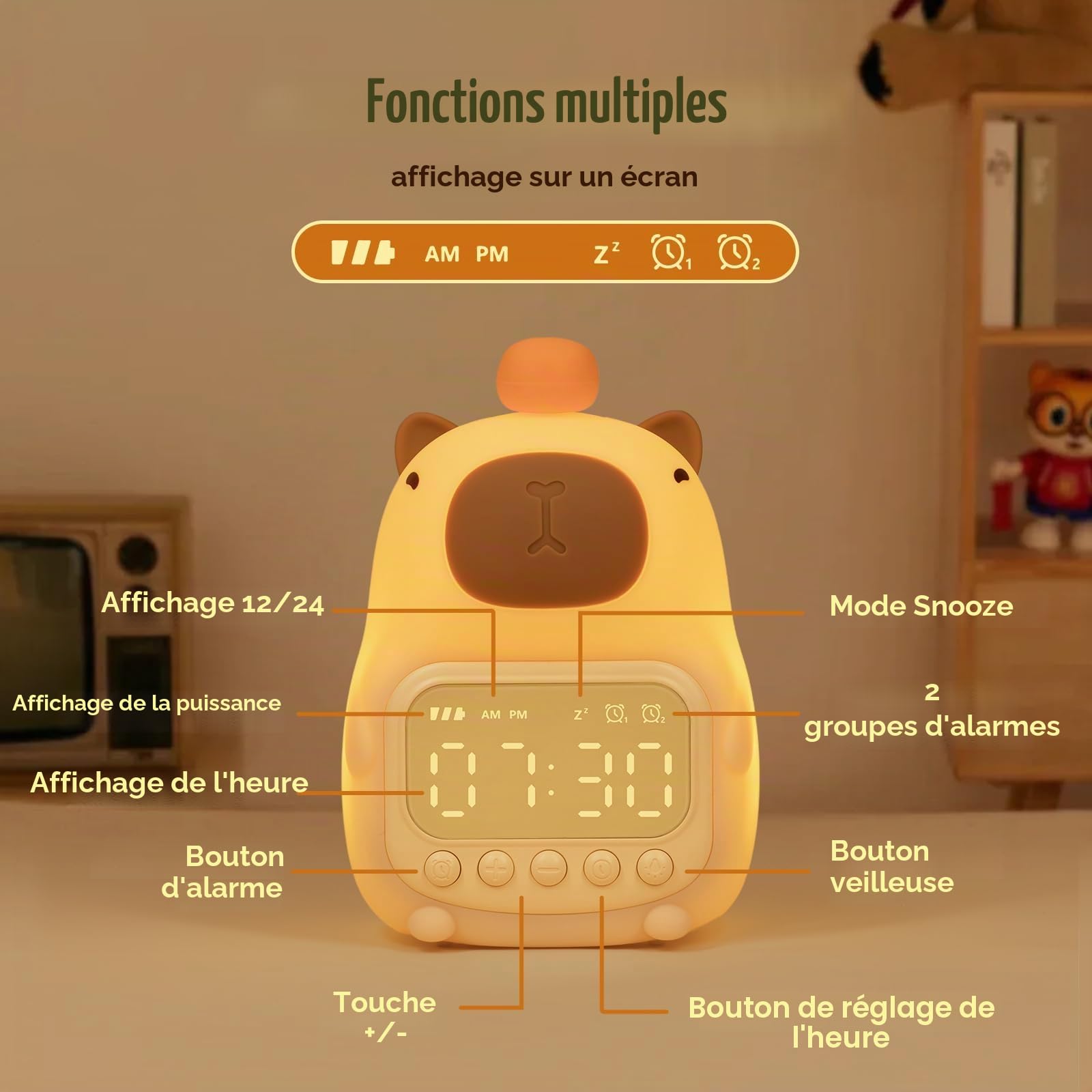 Yiliaw Capybara Réveil avec veilleuse pour enfants, 7 couleurs RVB - Réveil mignon pour chambre à coucher, réveil - Lampe de table en silicone en forme d'animal pour adolescents, filles, garçons