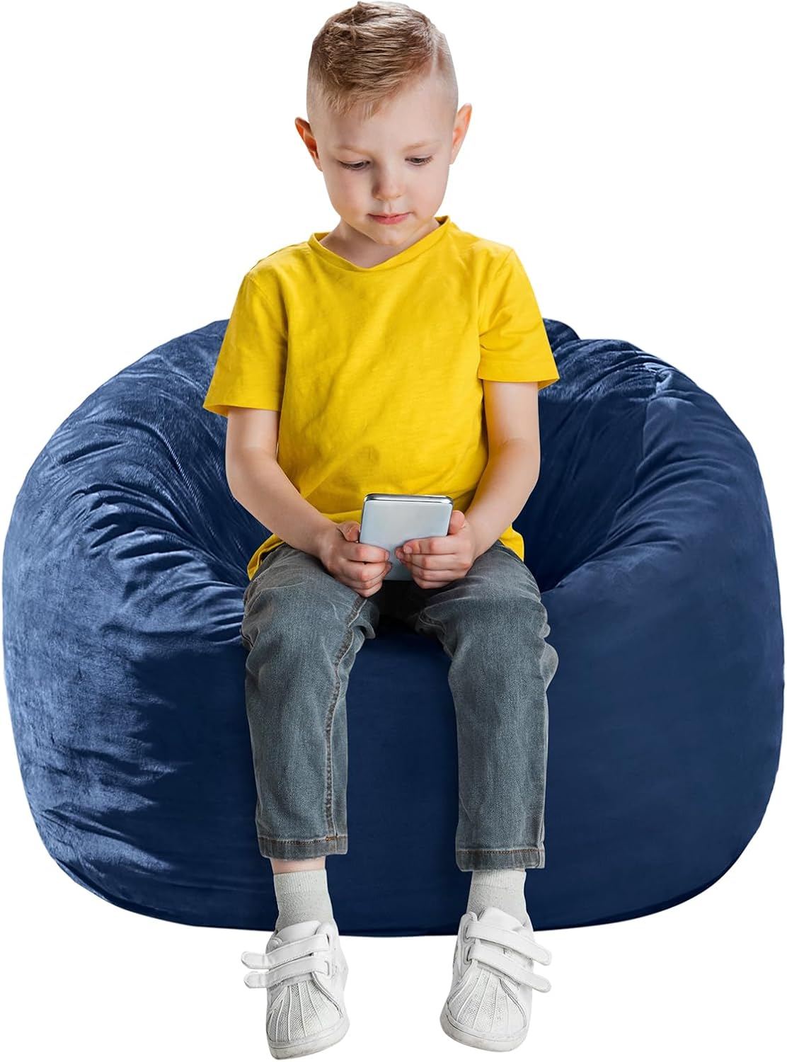 Bean Bag Chairs for Kids - Memory Foam Furniture BeanBag Chair - Kids/Teens Sofa with Soft Micro Fiber Cover - Round Fluffy Couch for Living Room Bedroom College Dorm - 2.5 ft, Navy