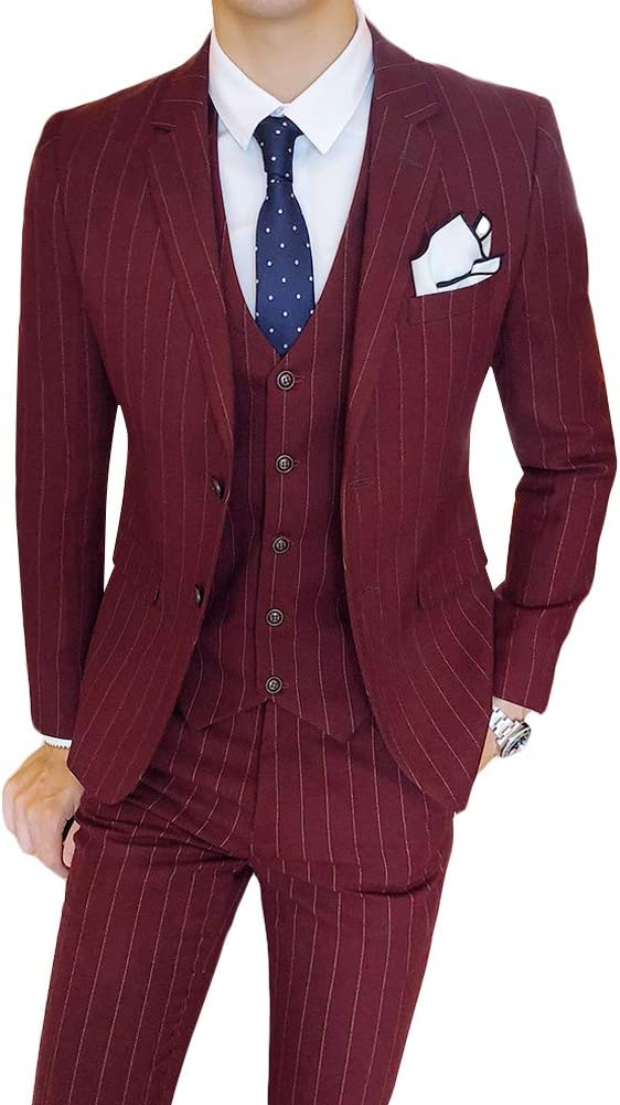 Cloudstyle Mens 3 Piece Stripe Suit Set Center Vent 2 Button Tux Blazer Jacket Vest Trousers - Image 2