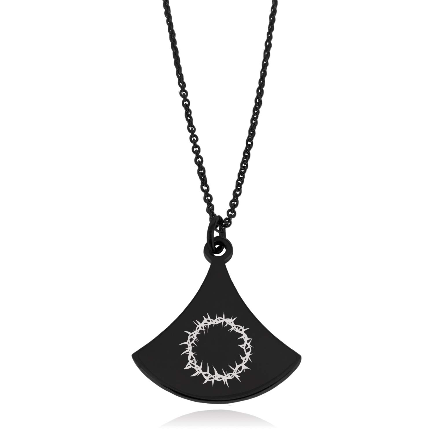 Black Stainless Steel Crown of Thorns Pendulum Curved Triangle Charm Pendant Necklace