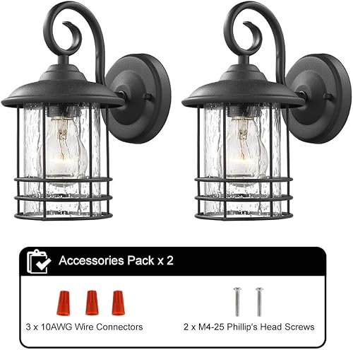 Miniatura 7 de Emliviar Paquete de 2 faroles de pared para exteriores 1 luz lámpara de pared exterior en acabado negro con vidrio semillado transparente paquete