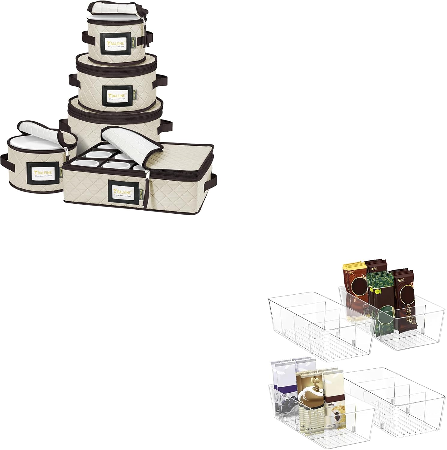 BALEINE China Storage Containers (Plate Mug Combo) + Pantry Organizers and Storage Bins (10.5×6.1×3.5, 4PK)