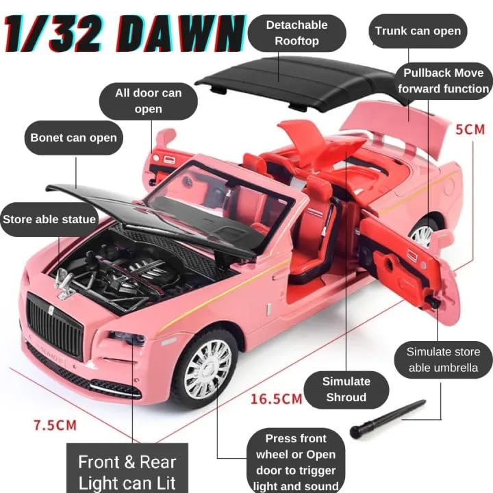 Image of Invite 1:32 Scale Rolls‑Royce Dawn | Alloy Metal Pull Back Toy Car with Light & Sound | Openable Doors, Bonnet & Trunk | Removable Roof | Collector & Cake Decoration Toy [Colors as Per Stock]