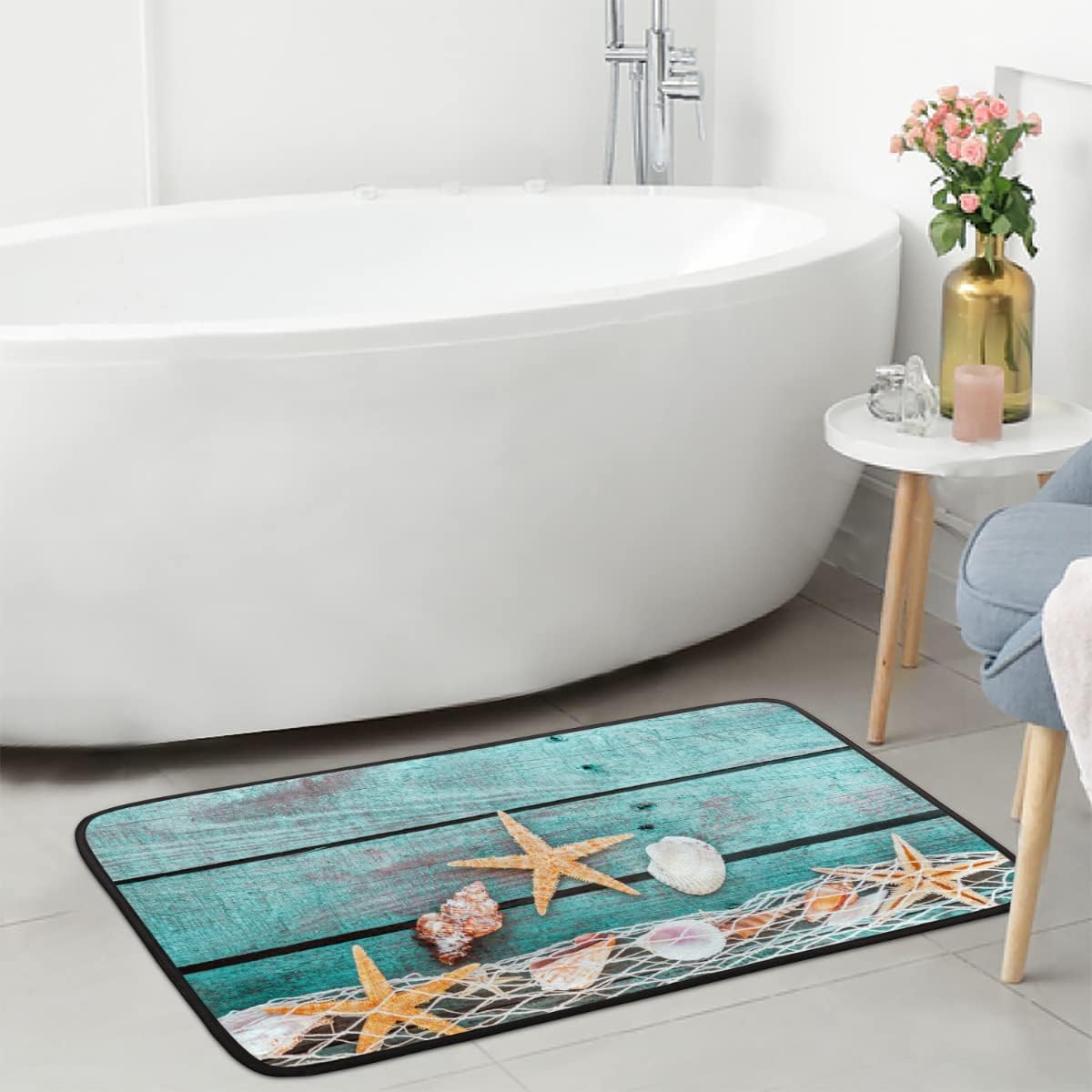 Starfish Seashells Kitchen Mats Runner Rug Vintage Beach Wooden Comfort Standing Mat Non-Slip Ocean Theme Area Rug Carpet for Floor Indoor Decor 39 x 20 Inch